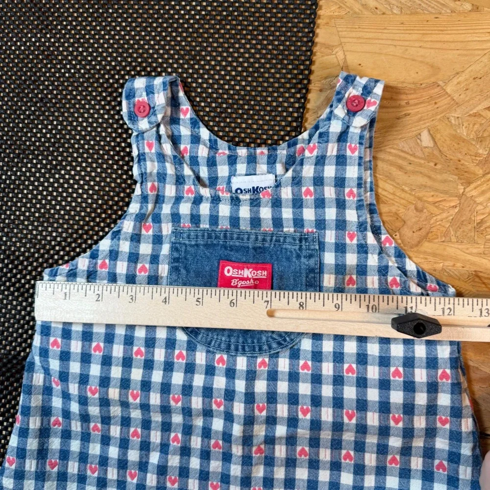OshKosh B'gosh Gingham Heart Jumper Dress Girls 3T Blue Vintage Made USA Ruffle